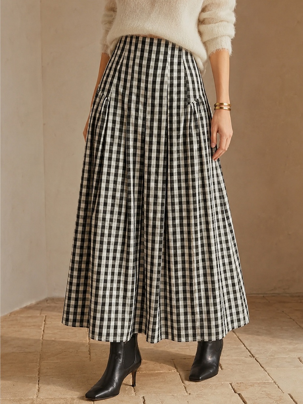 Commense Black and White Gingham Maxi Skirt